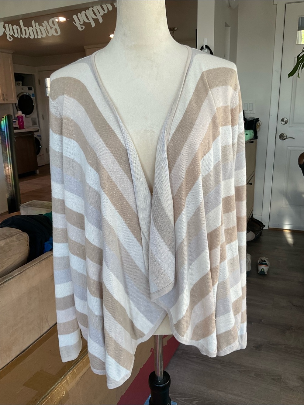 🐚J. Jill Linen Blend Striped Draped Waterfall Open Front Cardigan Size S